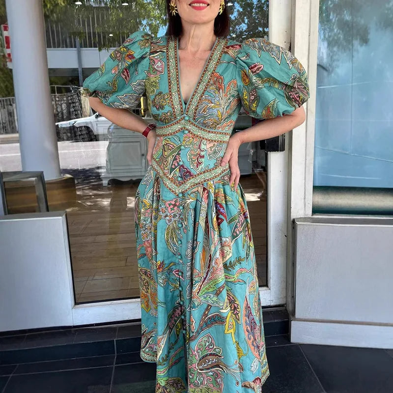 Vintage Lantern Sleeve V Neck Maxi Dress