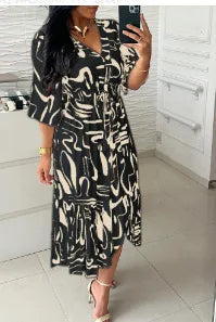 Summer Print – V-Neck, Half Sleeve, High Elastic Waist A-Line Dress