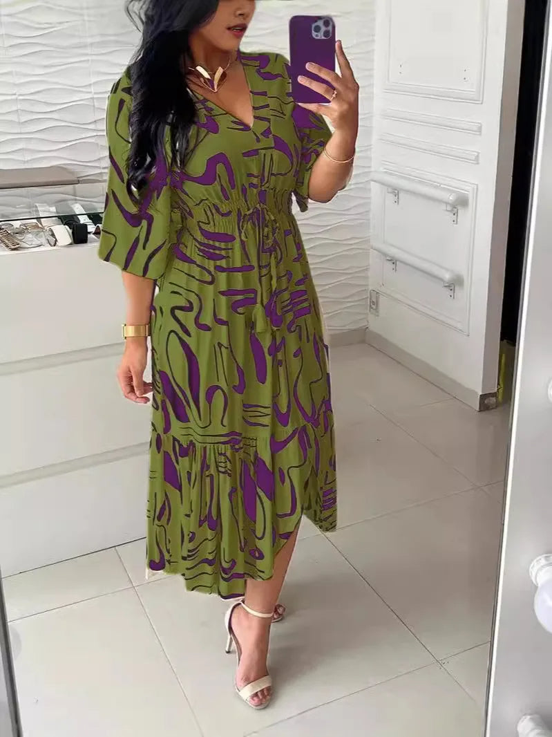 Summer Print – V-Neck, Half Sleeve, High Elastic Waist A-Line Dress