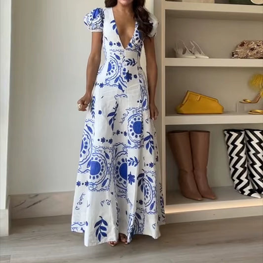 Ellafads™ Summer Glam Maxi Dress – Printed Deep V-Neck, Puff Sleeves, Waist-Slimming Fit for Beach to Party Chic