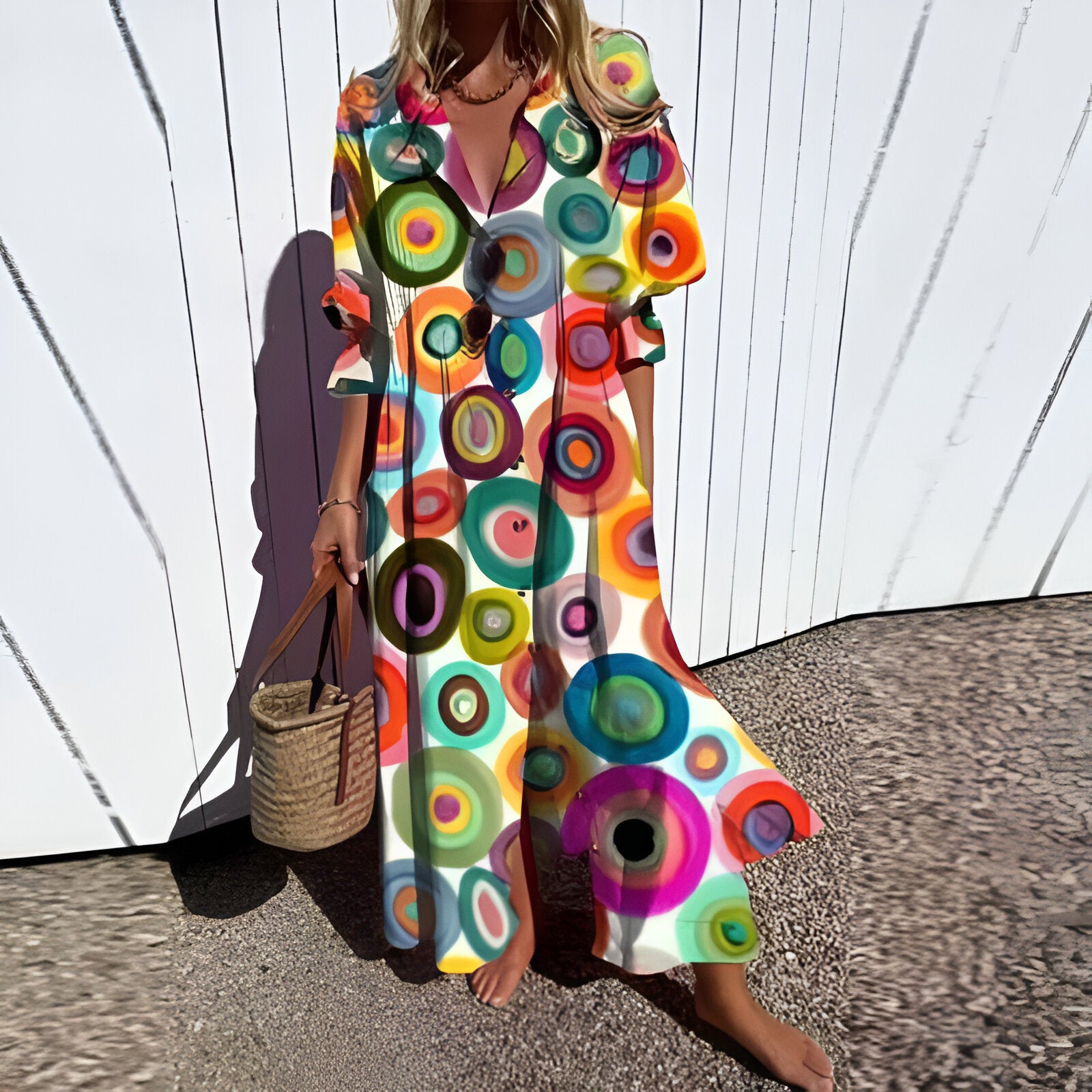Retro Print V-Neck Vacation Maxi Dress 2025
