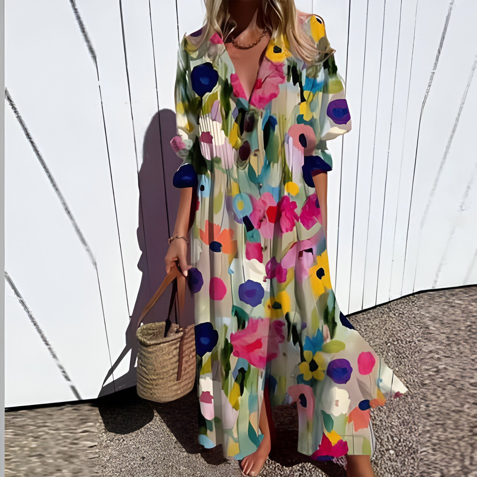 Retro Print V-Neck Vacation Maxi Dress 2025