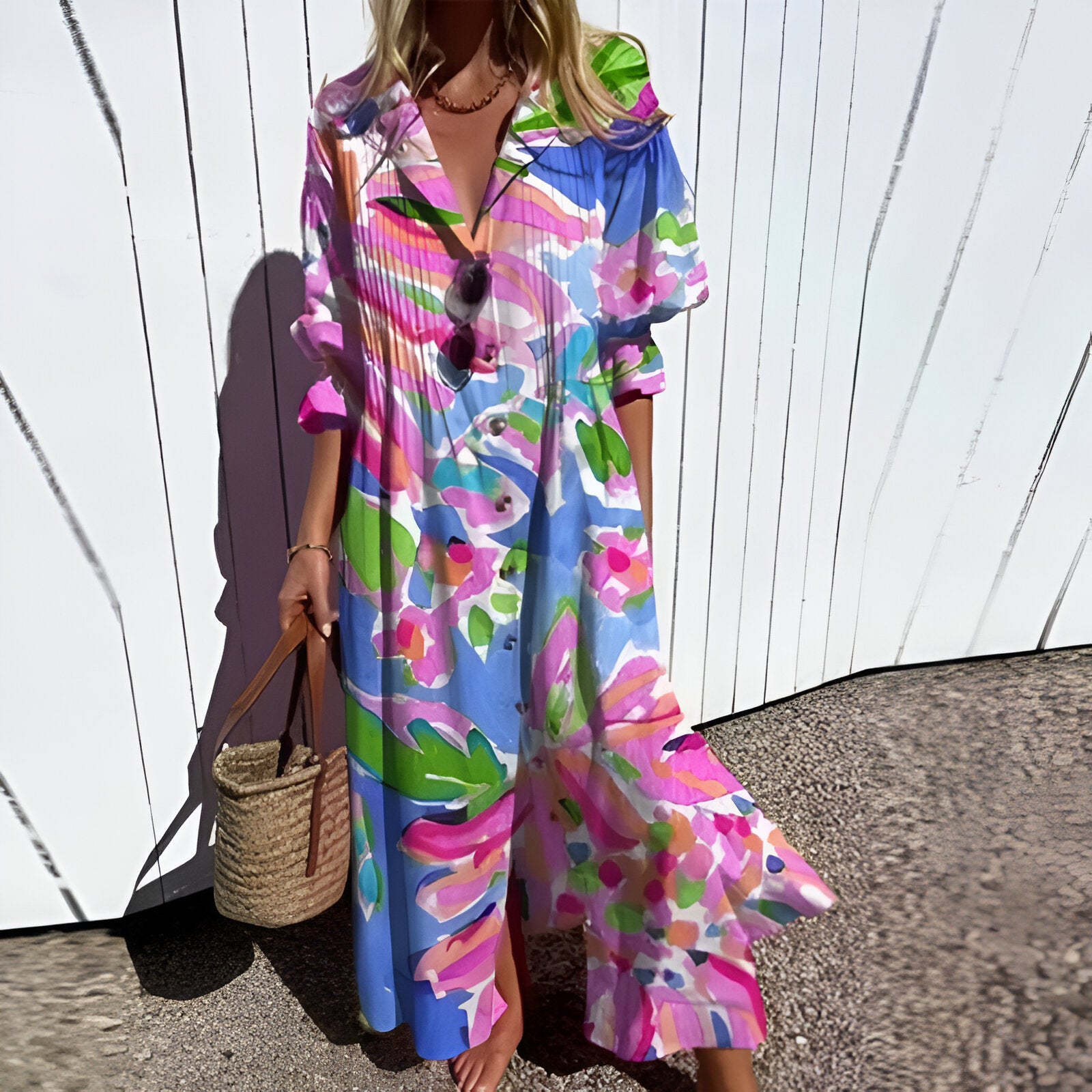 Retro Print V-Neck Vacation Maxi Dress 2025
