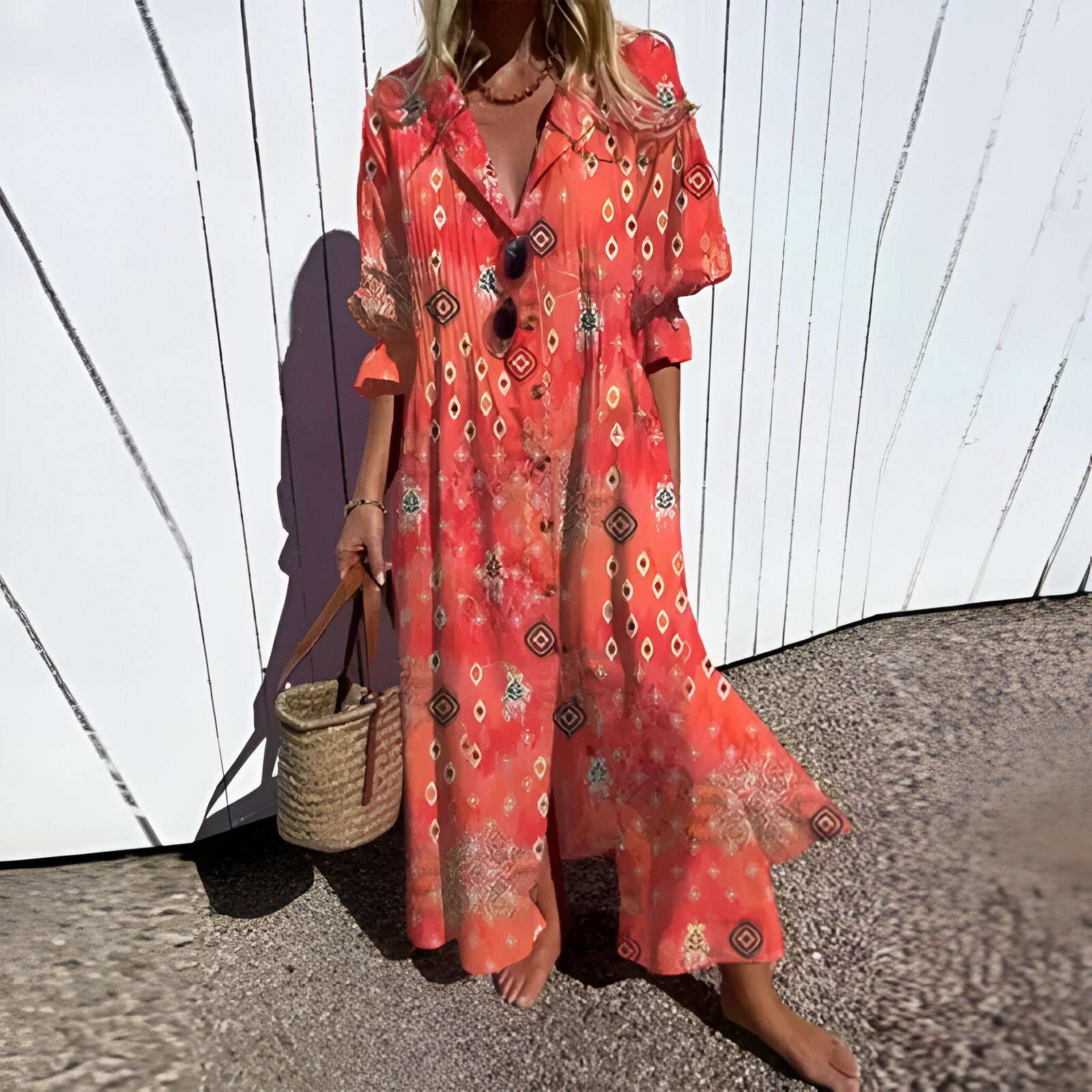 Retro Print V-Neck Vacation Maxi Dress 2025