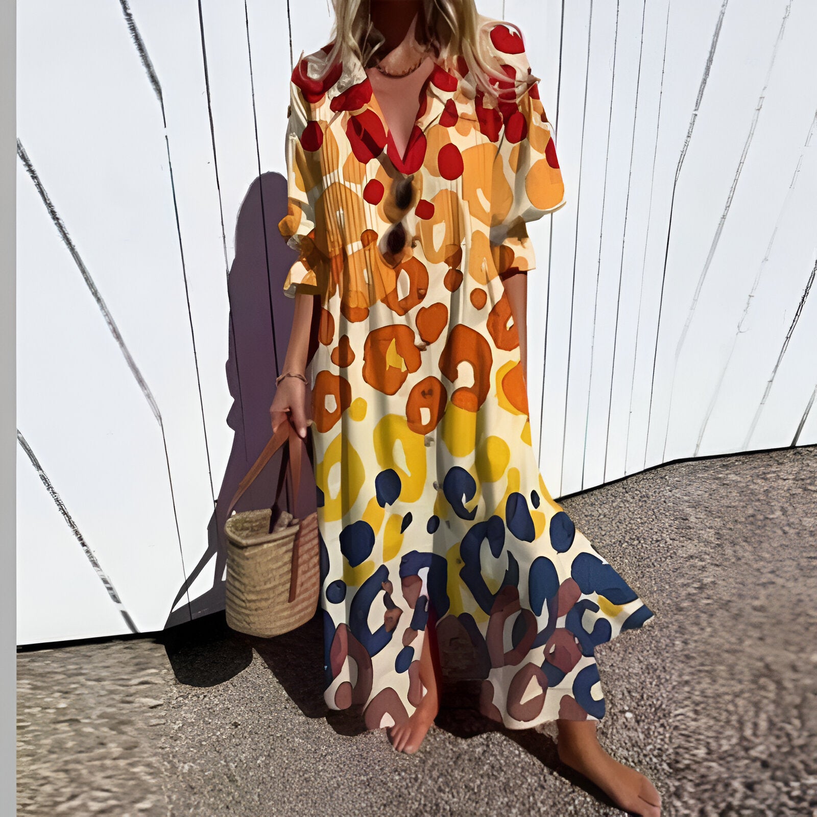 Retro Print V-Neck Vacation Maxi Dress 2025