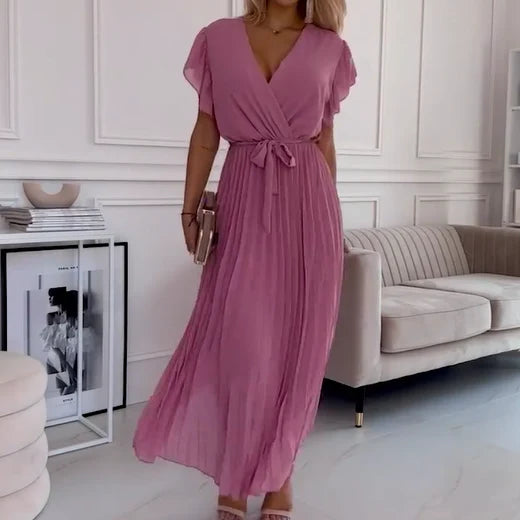 Solid Color, Flowing Pleated Dress with V-Neck for Women