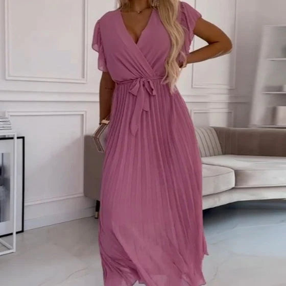 Solid Color, Flowing Pleated Dress with V-Neck for Women