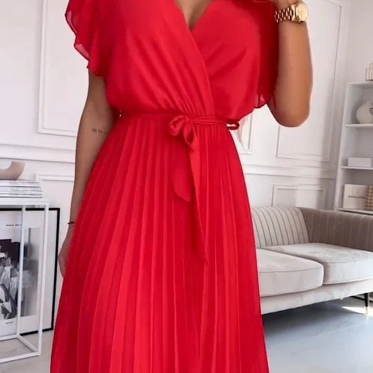 Solid Color, Flowing Pleated Dress with V-Neck for Women