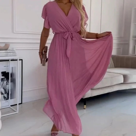 Solid Color, Flowing Pleated Dress with V-Neck for Women